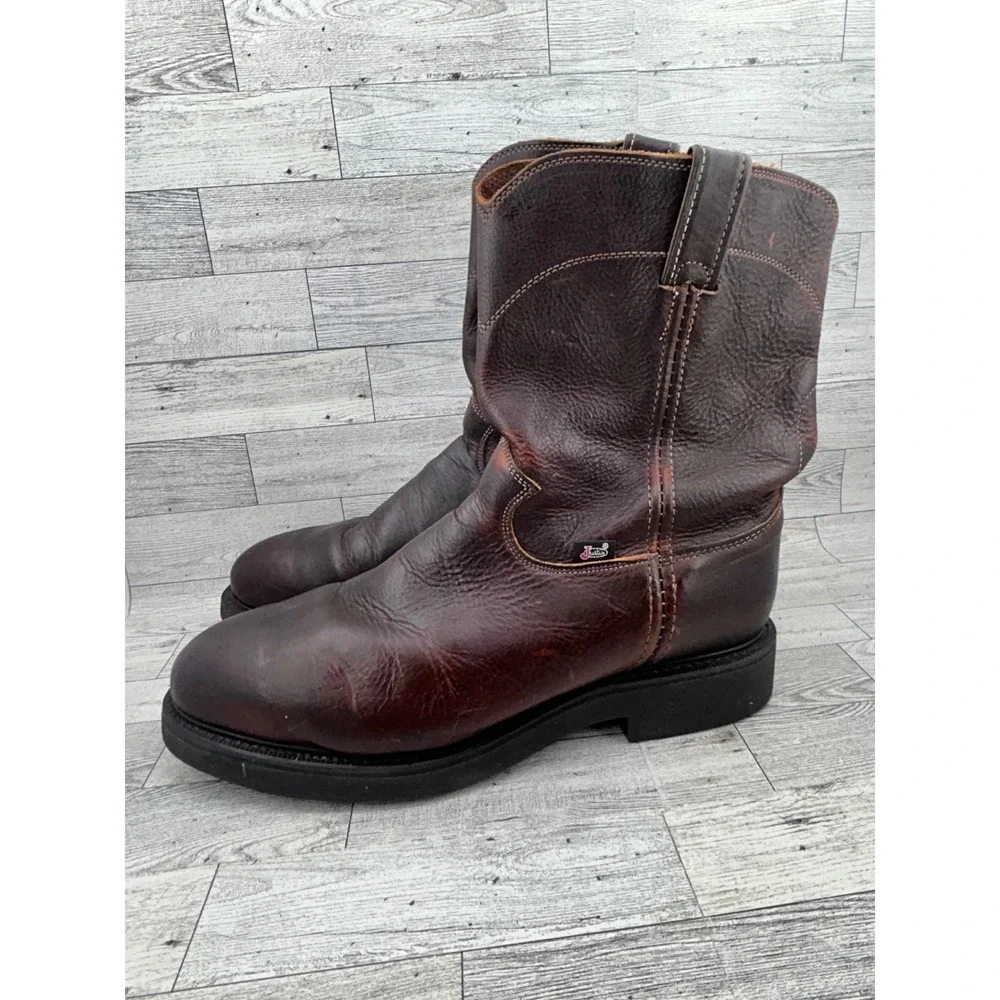 Justin Dark Brown Leather‎ Work Boots Pull On Roper Round Toe Oil Resist Men 12D